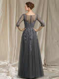 A-Line Mother of the Bride Dress Elegant V Neck Floor Length Chiffon Lace Half Sleeve with Appliques