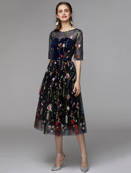 A-Line Cocktail Dresses Party Dress Holiday Wedding Guest Tea Length Half Sleeve Jewel Neck Sequined with main image 0