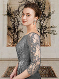 A-Line Mother of the Bride Dress Plus Size Elegant Jewel Neck Floor Length Lace Short Sleeve with Ruffles Crystal Brooch Side-Draped