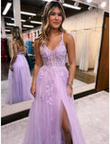 A-Line Evening Gown Open Back Dress Formal Prom Floor Length Sleeveless V Neck Tulle Backless with Beading Slit Appliques