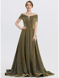 A-Line Evening Gown Elegant Dress Formal Sweep / Brush Train Sleeveless Sweetheart Charmeuse with Glitter Slit