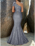 Mermaid Trumpet Evening Gown Sparkle Shine Dress Formal Fall Sweep Brush Train Sleeveless One Shoulder Sequined
