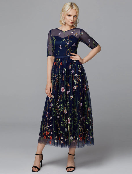 Illusion Lace Floor-length Dress with Half Sleeves Lilac