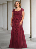 A-Line Mother of the Bride Dress Luxurious Plus Size Elegant Scoop Neck Floor Length Lace Tulle Sleeveless with Appliques