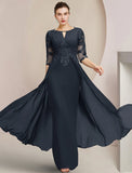 Sheath / Column Mother of the Bride Dress Formal Wedding Guest Elegant Scoop Neck Floor Length Chiffon Lace Half Sleeve with Sequin Appliques
