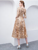 A-Line Cocktail Dresses Party Dress Holiday Wedding Guest Tea Length Half Sleeve Jewel Neck Sequined