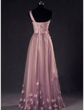 A-Line Prom Dresses Floral Dress Wedding Guest Prom Floor Length Sleeveless One Shoulder Tulle with Appliques