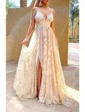 A-Line Prom Dresses Sparkle Dress Wedding Guest Homecoming Floor Length Sleeveless V Neck Tulle with Sequin Tiered