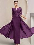 Sheath / Column Mother of the Bride Dress Formal Wedding Guest Elegant Scoop Neck Floor Length Chiffon Lace Half Sleeve with Sequin Appliques