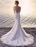 Beach Formal Wedding Dresses Mermaid / Trumpet Scoop Neck Off Shoulder Cap Sleeve Court Train Lace Bridal Gowns With Appliques