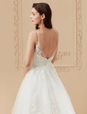 Ball Gown Wedding Dresses V Neck Sweep / Brush Train Satin Tulle Over Lace Spaghetti Strap Romantic Illusion Detail Backless with Ruffles Appliques