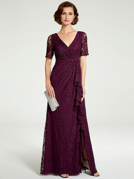 Sheath/Column V-Neck Pleated Lace Appliques Floor-Length Mother of the Bride Dresses with Ribbon