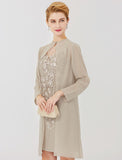 Sheath / Column Mother of the Bride Dress Formal Classic & Timeless Elegant & Luxurious Convertible Dress Illusion Neck Knee Length Chiffon All Over Lace Long Sleeve with Appliques
