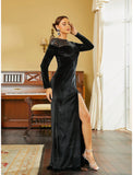 A-Line Evening Gown Black Dress Elegant Dress Formal Fall Sweep / Brush Train Long Sleeve Jewel Neck Velvet with Sequin Slit