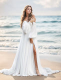 Beach Wedding Dresses A-Line Off Shoulder Long Sleeve Chapel Train Chiffon Bridal Gowns With Split Front Solid Color