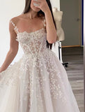 Beach Boho Wedding Dresses A-Line Square Neck Sleeveless Sweep / Brush Train Chiffon Bridal Gowns With Embroidery Appliques
