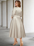 A-Line Plus Size Curve Mother of the Bride Dresses Vintage Dress Formal Tea Length Sleeveless V Neck Satin with Ruched