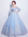 Ball Gown Prom Dresses Elegant Dress Quinceanera Engagement Floor Length 3/4 Length Sleeve Illusion Neck Tulle with Pleats Appliques
