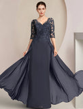 Sheath / Column Mother of the Bride Dress Formal Wedding Guest Elegant V Neck Floor Length Chiffon Lace Half Sleeve with Sequin Appliques