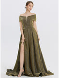 A-Line Evening Gown Elegant Dress Formal Sweep / Brush Train Sleeveless Sweetheart Charmeuse with Glitter Slit