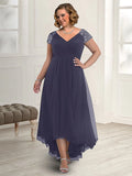 A-Line Mother of the Bride Dress Plus Size Elegant High Low V Neck Asymmetrical Floor Length Chiffon Short Sleeve with Pleats Beading