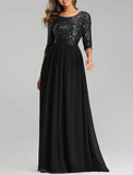 A-Line Mother of the Bride Dress Wedding Guest Plus Size Elegant Jewel Neck Floor Length Tulle Sequined 3/4 Length Sleeve with Sequin Fall