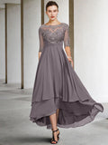 A-Line Mother of the Bride Dress Plus Size Elegant High Low Jewel Neck Asymmetrical Ankle Length Chiffon Lace Half Sleeve with Beading Ruffles Appliques