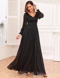 A-Line Evening Gown Empire Black Dress Party Gothic Tulle Dress Floor Length Long Sleeve V Neck V Back with Glitter Slit