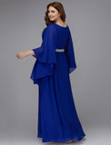 A-Line Plus Size Dress Wedding Guest Formal Evening Floor Length Long Sleeve V Neck Chiffon Lace-up with Crystals Sequin