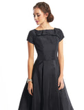 A-Line Black Dress Vintage Homecoming Wedding Guest Tea Length Short Sleeve Boat Neck Taffeta with Buttons