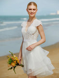 Wedding Dresses A-Line V Neck Sleeveless Knee Length Tulle Bridal Gowns With Sash / Ribbon Beading