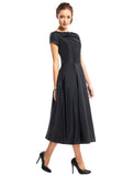 A-Line Black Dress Vintage Homecoming Wedding Guest Tea Length Short Sleeve Boat Neck Taffeta with Buttons