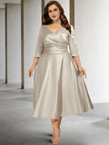 A-Line Plus Size Curve Mother of the Bride Dresses Vintage Dress Formal Tea Length Sleeveless V Neck Satin with Ruched