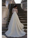 Engagement Formal Fall Wedding Dresses A-Line V Neck Long Sleeve Court Train Satin Bridal Gowns With Appliques