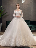 Engagement Formal Fall Wedding Dresses Ball Gown Illusion Neck Long Sleeve Cathedral Train Lace Bridal Gowns With Pleats Appliques