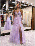 A-Line Evening Gown Open Back Dress Formal Prom Floor Length Sleeveless V Neck Tulle Backless with Beading Slit Appliques