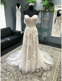 Beach Formal Wedding Dresses A-Line Sweetheart Short Sleeve Court Train Lace Bridal Gowns With Pleats Appliques