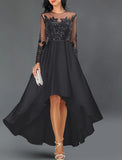 A-Line Cocktail Dresses Elegant Dress Wedding Guest Party Wear Asymmetrical Long Sleeve Jewel Neck Satin with Crystals Appliques