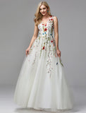 A-Line Special Occasion Dresses Floral Dress Valentine's Day Wedding Guest Floor Length Sleeveless V Neck Lace with Embroidery Appliques