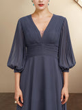 A-Line Mother of the Bride Dress Plus Size Elegant V Neck Tea Length Chiffon 3/4 Length Sleeve with Pleats Ruched