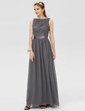 Sheath / Column Bateau Floor Length Chiffon / Floral Lace Bridesmaid Dress with Lace / Sash / Ribbon / Pleats