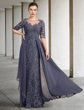 A-Line Mother of the Bride Dress Formal Wedding Guest Elegant Scoop Neck Floor Length Chiffon Lace Half Sleeve with Bow(s) Sequin