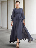 A-Line Mother of the Bride Dress Plus Size Elegant High Low Jewel Neck Asymmetrical Floor Length Chiffon Lace Half Sleeve with Pleats Appliques Side-Draped