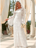 Hall Wedding Dresses Mermaid / Trumpet Jewel Neck Long Sleeve Floor Length Lace Bridal Gowns With Lace