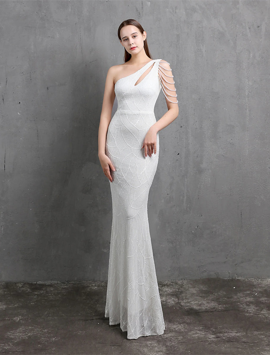 Mermaid/Trumpet One Shoulder Ruched Floor-Length Evening Dresses with Sparkly Sequin
