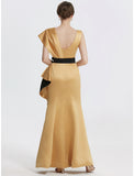 Sheath / Column Evening Gown Elegant Dress Formal Floor Length Sleeveless Jewel Neck Satin with Embroidery Appliques