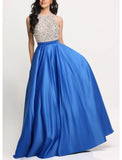 A-Line Evening Gown Elegant Dress Formal Floor Length Sleeveless Halter Neck Satin with Glitter