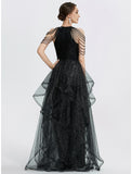 Mermaid / Trumpet Prom Dresses Black Dress Dress Quinceanera Floor Length Short Sleeve Jewel Neck Tulle with Beading