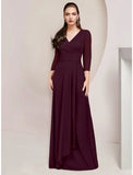 A-Line Mother of the Bride Dress Wedding Guest Elegant V Neck Floor Length Chiffon 3/4 Length Sleeve with Ruching Solid Color