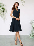 A-Line Mother of the Bride Dress Elegant V Neck Knee Length Chiffon Cap Sleeve with Pleats Side-Draped Solid Color